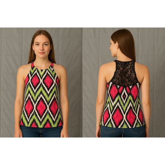 Maringue Womens Sleeveless Multicolor Zigzag Blouse With Lace Top XS - Picture 1 of 4